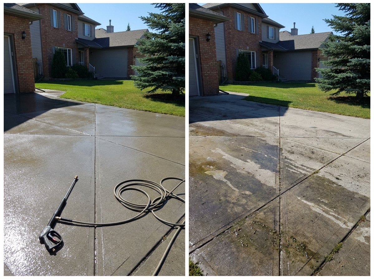 A freshly pressure-washed concrete driveway in a Calgary home, even clean finish, summer light, completed work, side-by-side with unwashed area
