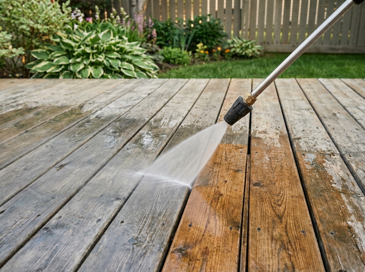 A close-up of a pressure washing wand at work on a residential deck, low-pressure rinse, water spray visible, mid-job, Calgary backyard