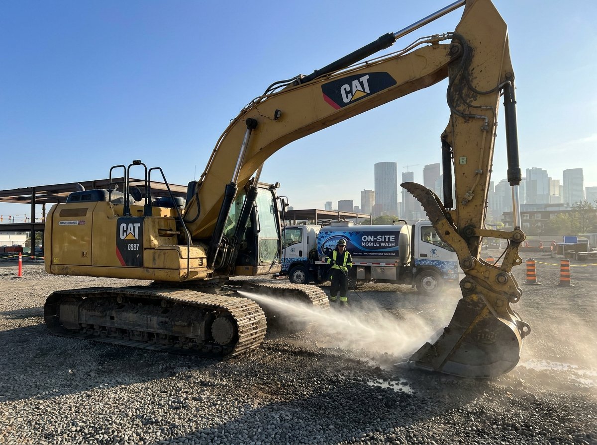 A heavy equipment excavator being washed on a Calgary construction site, on-site mobile wash, industrial atmosphere, summer morning